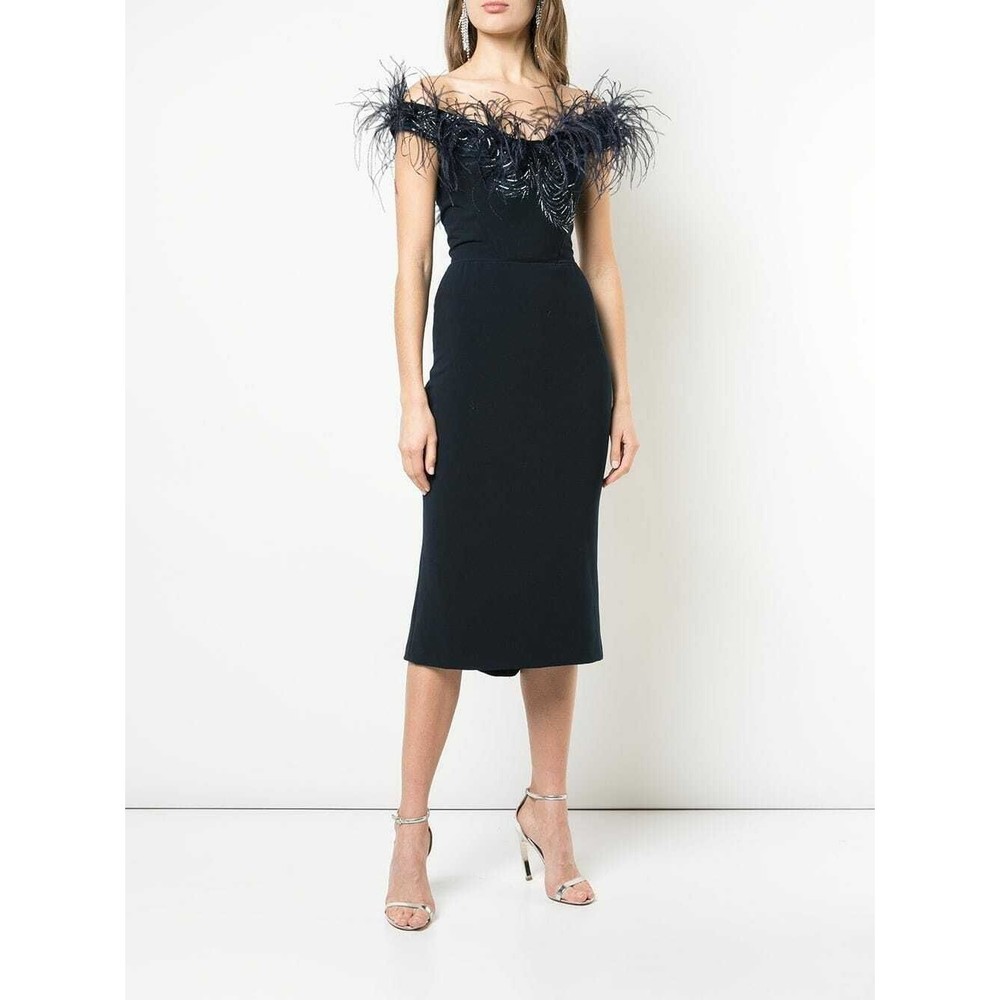 MARCHESA Navy Blue Ostrich Feather Beaded Off Shoulder Fluted Hem Dress 8 M NEW